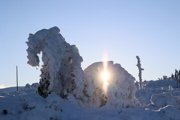 Zimowy mroźny krajobraz górski z tworami śnieżnymi - obrazy, fototapety, plakaty