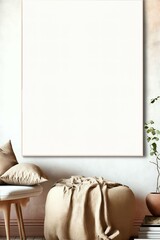 Vertical blank canvas frame on a modern boho room with sofa couch pillows blanket and plants. Neutral soft colors. Template or mockup. 