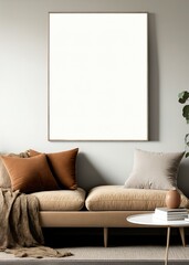 Blank canvas frame empty template on a modern minimalistic room. Boho decor mockup with neutral soft colors. Sofa couch and pillows, plants and coffee table. 