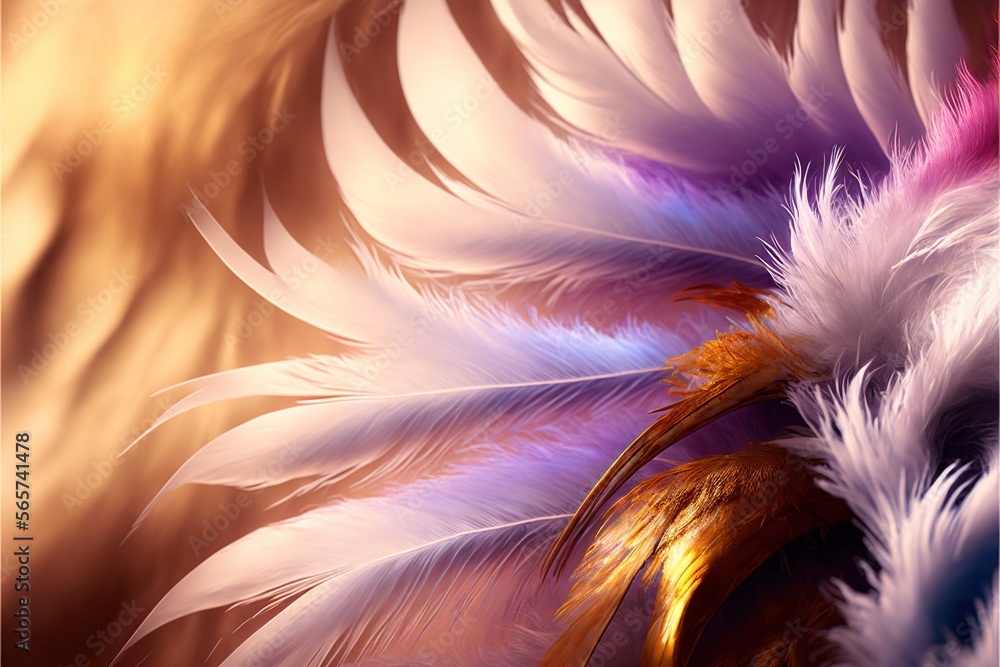 Poster a close up of a colorful feather pattern on a wallpaper background with a gold and purple background