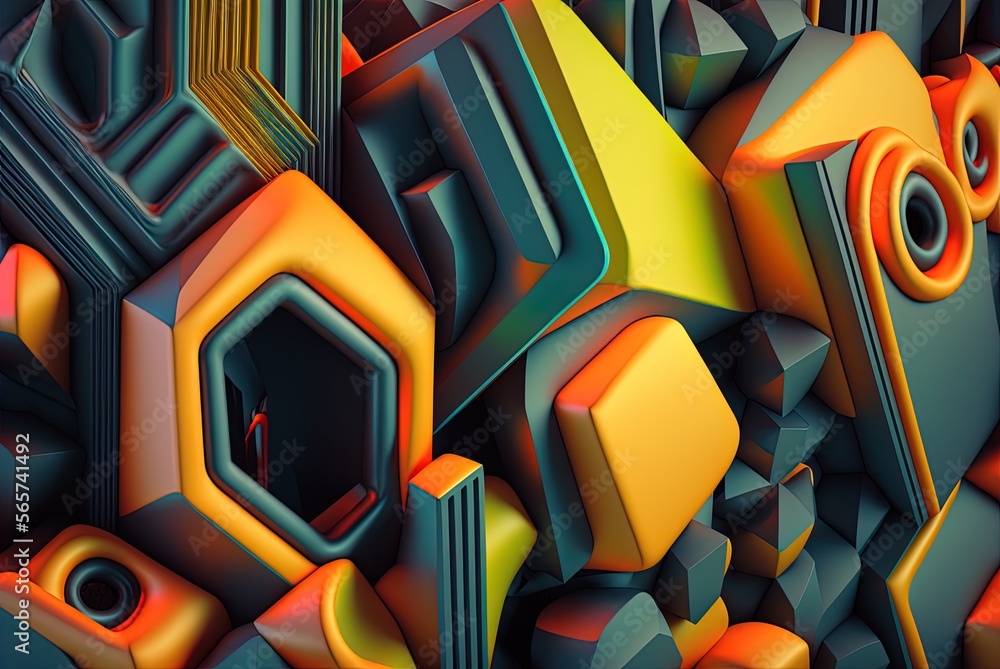 Poster there is a geometrical pattern over a multicolored technological backdrop. extruded futuristic forms