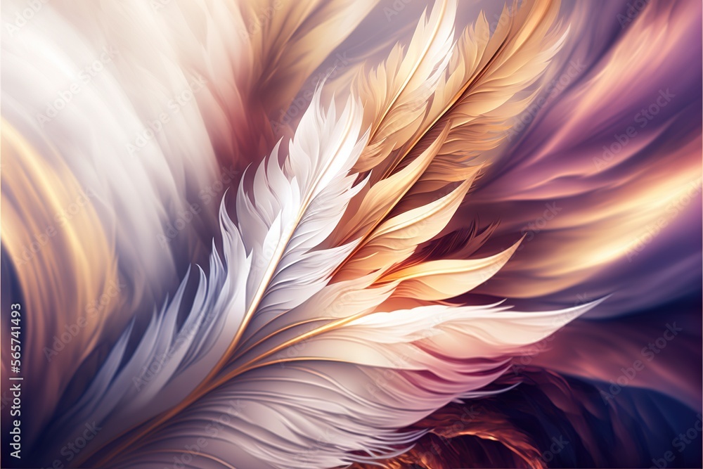 Poster a close up of a colorful feather on a white background with a pink border around it and a blue borde