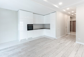 Interior of Living room with kitchen and empty space. Bright White Walls and Ceiling.