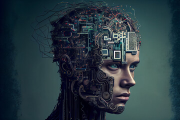 Künstliche Intelligenz mit Kabeln im Gesicht, Generative AI