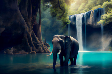 Waterfall with elephant.  Generative AI.