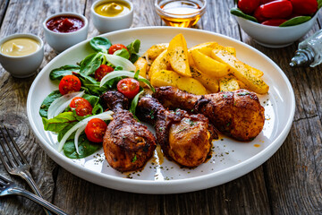 Barbecue chicken drumsticks with french fries, lettuce and mini tomatoes on wooden table
