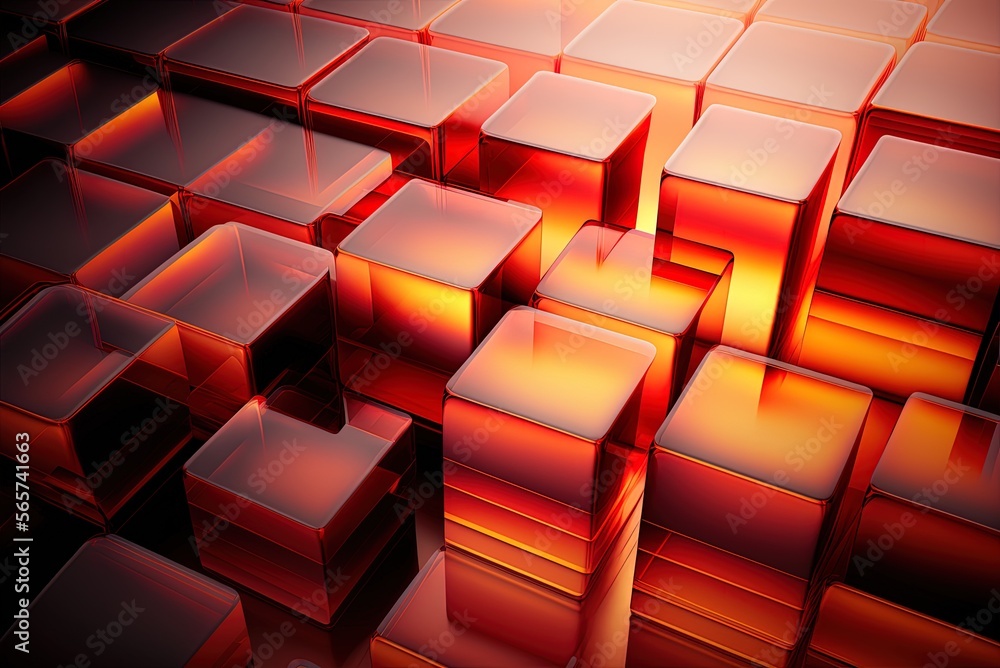 Poster cleanly ordered clear cubes. background in cutting-edge technology, orange and red. generative ai