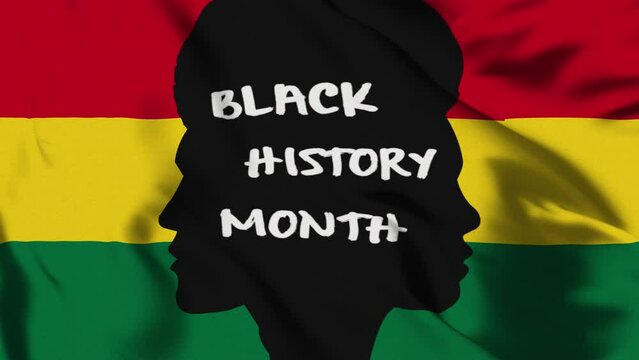 Black history month flag.pan-african flag colors.two African-American faces in the center of flag.African American History.Highly detailed fabric texture.Seamless loop