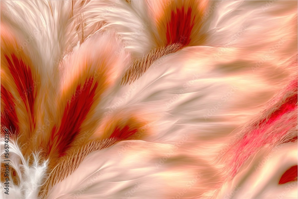 Poster  a close up of a white and red feather pattern with a red center and a white center and a red center on the feathers of the feathers.  generative ai
