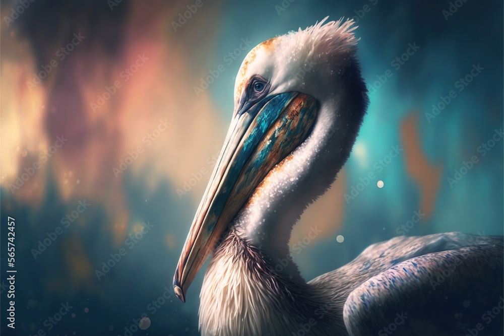 Poster a painting of a pelican with a blue background and a sky background with clouds and stars in the bac