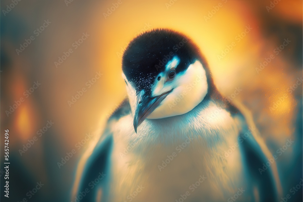 Poster a penguin with a blurry background and a blurry background is shown in the foreground of the image, 