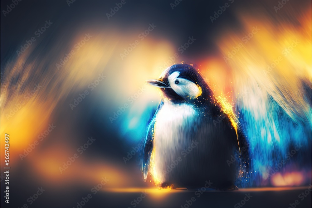 Poster a penguin with a blurry background and a blurry background is shown in the foreground of the image, 
