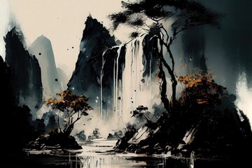 landscape with waterfall, contemporary color ink painting, generative AI Art