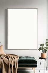 Vertical blank canvas frame on a modern boho room with a sofa and plants. Template or mockup. 