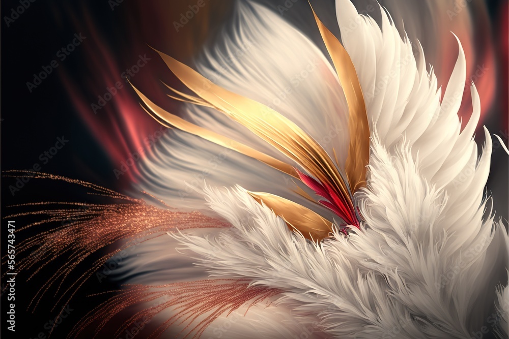 Poster a white feather with gold and red feathers on it's back side and a black background with a red and g