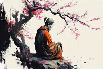 Meditation under cherry blossom street, contemporary color ink painting, generative AI Art