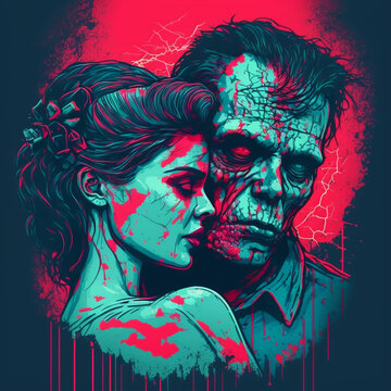 Illustration with zombie couple in love for Wedding nad Valentines day. Generative AI