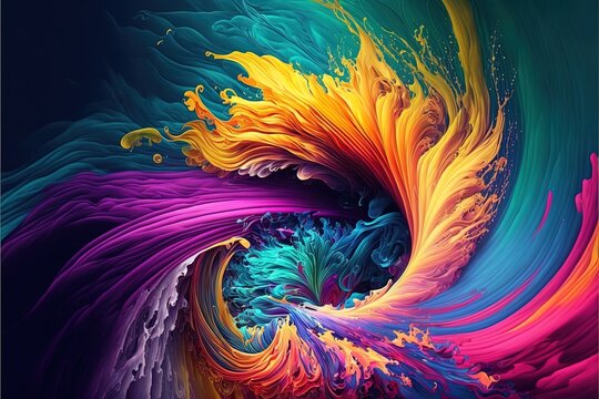 Abstract colorful bright vivid colors liquid acrylic paint motion flow on black background with swirls and paint explosions and drops. Business background template