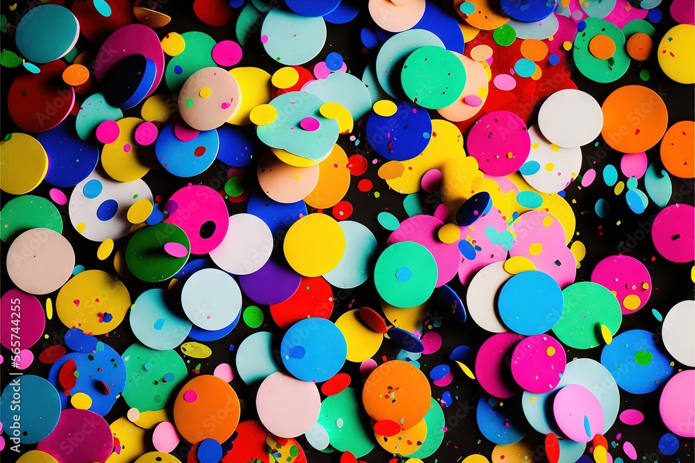 Poster  a large group of colorful circles of different colors and sizes on a black background with a black background and a white border with a black border.  generative ai