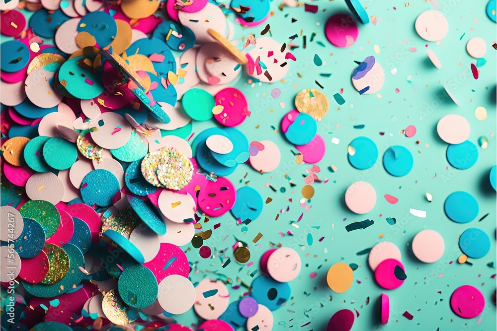 Poster  a large group of confetti and confetti sprinkles on a blue background with a number one on it's side.  generative ai