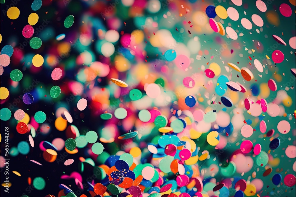 Poster a colorful background with many circles of confetti on it and a blurry background of circles of conf