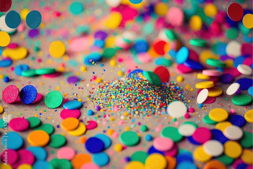 Poster a pile of colorful confetti and sprinkles on a table top with a blurry background of confetti and co