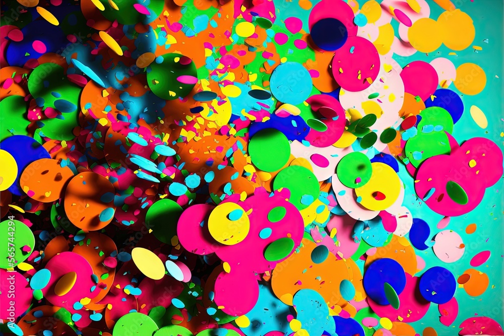 Poster  a colorful painting with lots of circles and dots on it's surface and a blue background with a black frame and a blue border.  generative ai