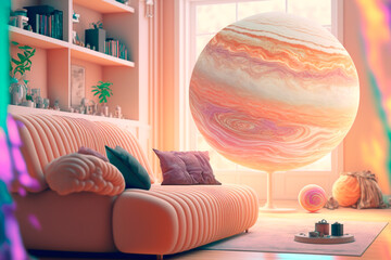 Concept Girly Planet Living Room in Pastel Colors Generative 
