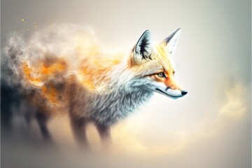  a fox with a fire in the background and a sky background with clouds and stars in the foreground, with a yellow and orange smoke trail of fire coming from the tail.  generative ai - obrazy, fototapety, plakaty