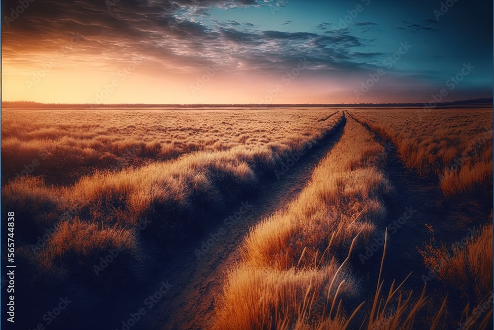 Poster a dirt road in a field with a sky background and clouds in the distance with a sun setting in the di