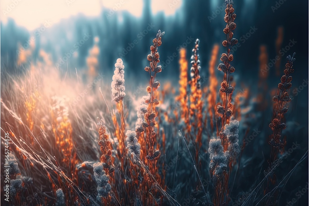 Poster a field of grass with some very pretty flowers in it's center and a blurry background of trees and g