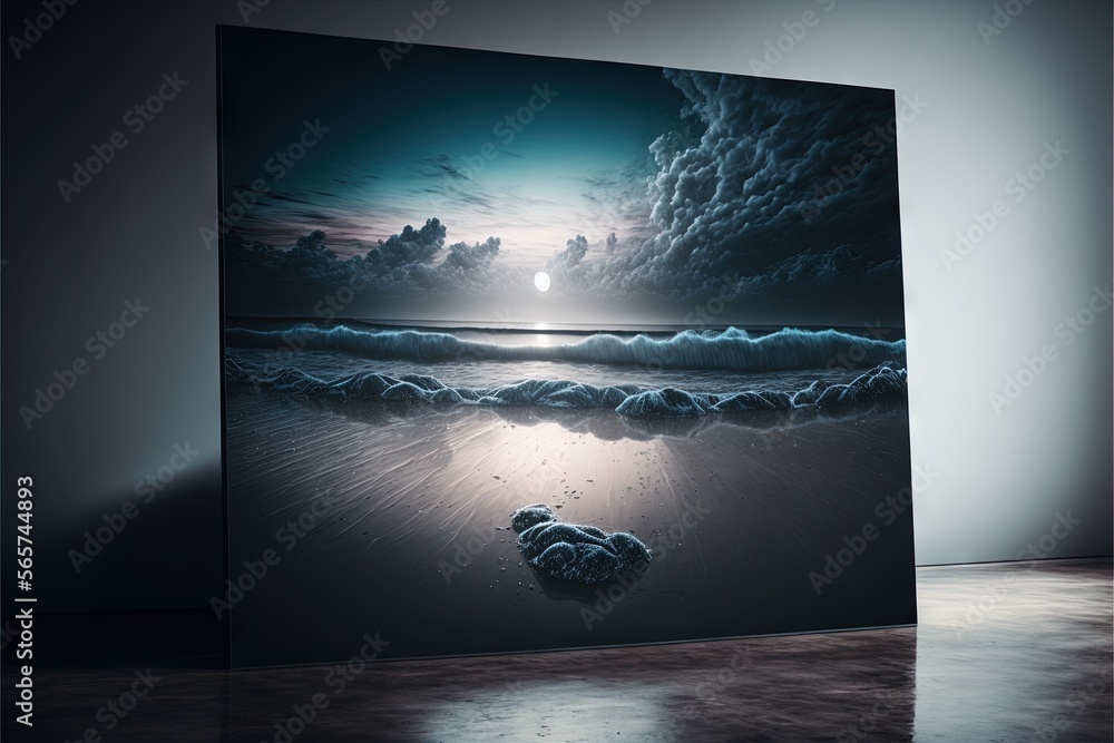 Poster a painting of a beach with a moon in the sky and a wave coming in from the ocean with a rock in the 