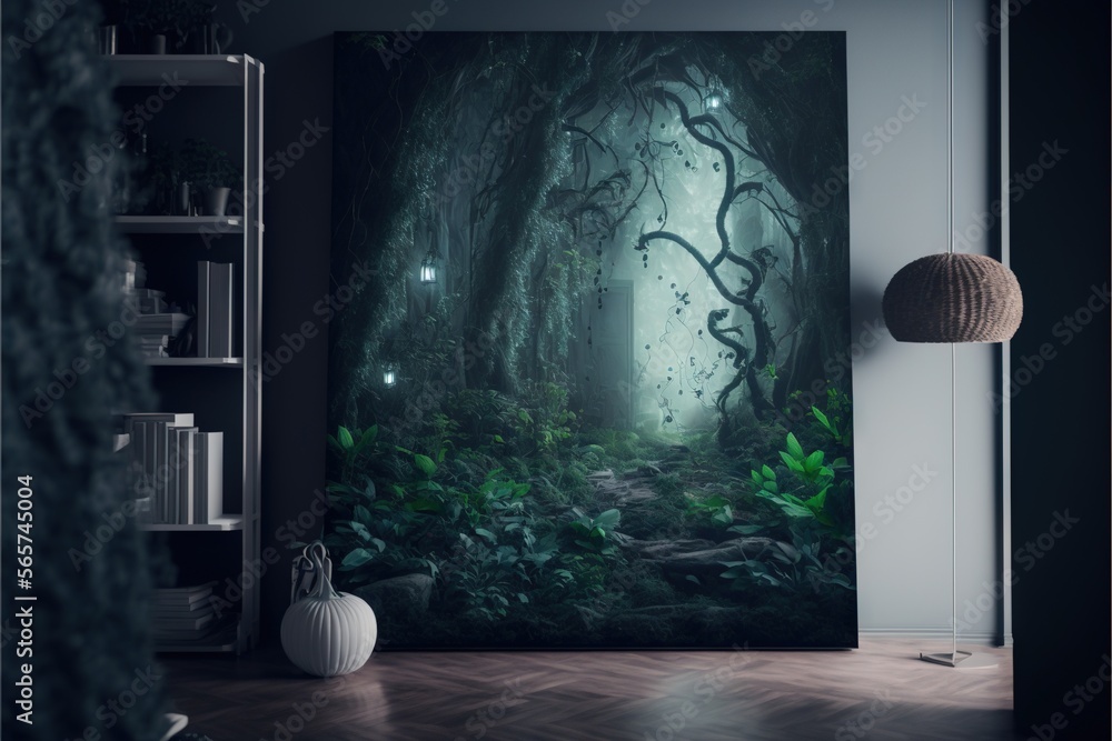 Poster a room with a large painting of a forest scene on the wall and a lamp on the floor in front of it, a