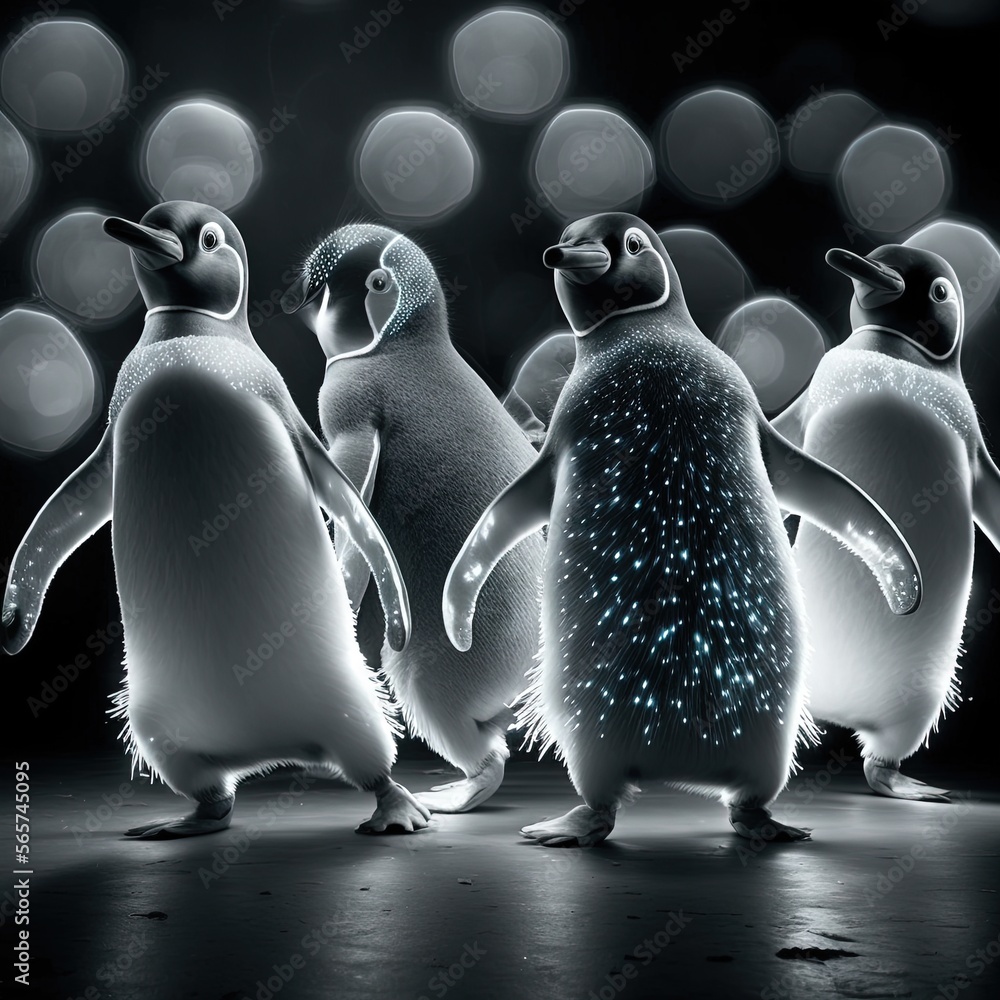 Poster a group of penguins standing next to each other on a floor with lights on them and a black backgroun