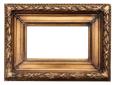 antique rectangle decorative gold plated wooden picture frame isolated on white background