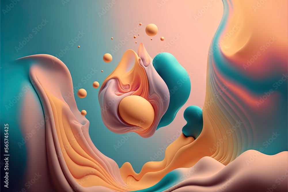 Poster a computer generated image of a liquid flow with bubbles and bubbles in the background, with a blue 