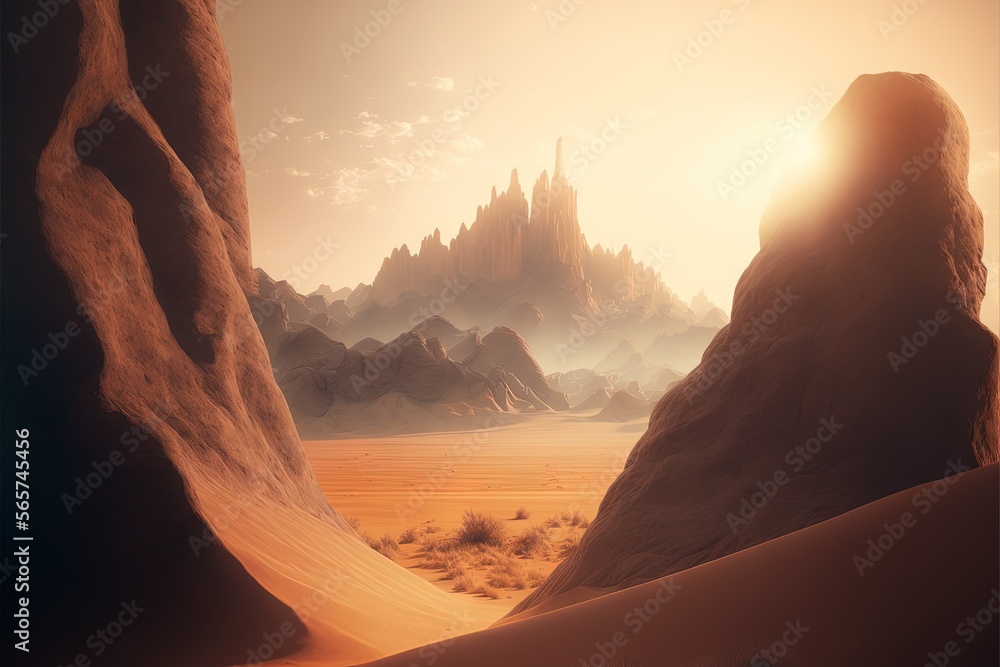 Poster a desert scene with a rock formation and a mountain in the distance with a sun shining through the c