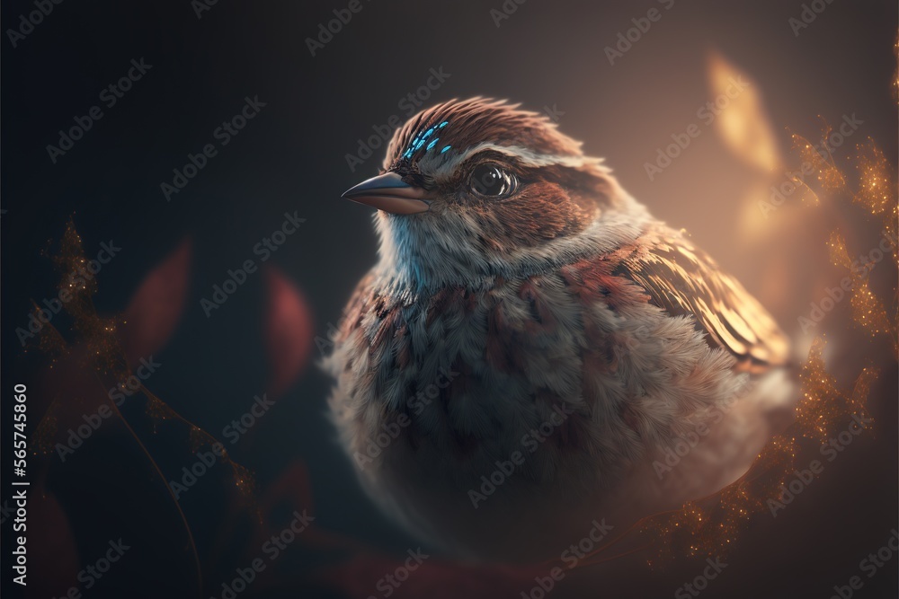 Poster a bird with a blue eye sitting on a branch of a tree with leaves in the background and a blurry back