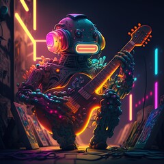  a robot playing a guitar in a futuristic city at night with neon lights and a neon glow on his face and neck, with a guitar in his hands.  generative ai - obrazy, fototapety, plakaty