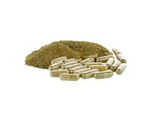 Moringa powder capsules isolated on transparent png