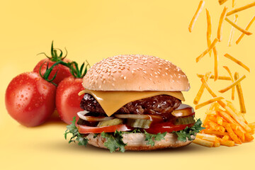 Una Hamburguesa con carne y queso cheddar, pepinillos con papas fritas y tomate, sobre un fondo amarillo