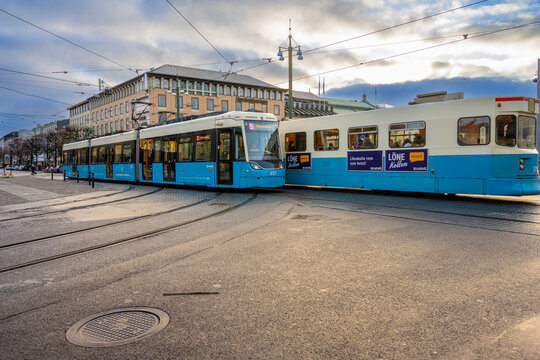 Gothenburg, Sweden - november 13 2022: Trams passing through Brunnsparken.
