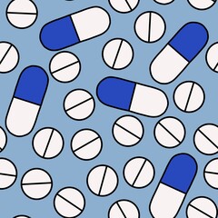 Cartoon medicine seamless pills pattern for wrapping paper and clothes print and fabrics and linens and pharmacy
