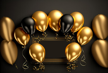 Holiday celebration background with Black Gold balloons, gifts and confetti. Happy holiday greeting card, party invite, banner, invitation or certificates with copy space.	