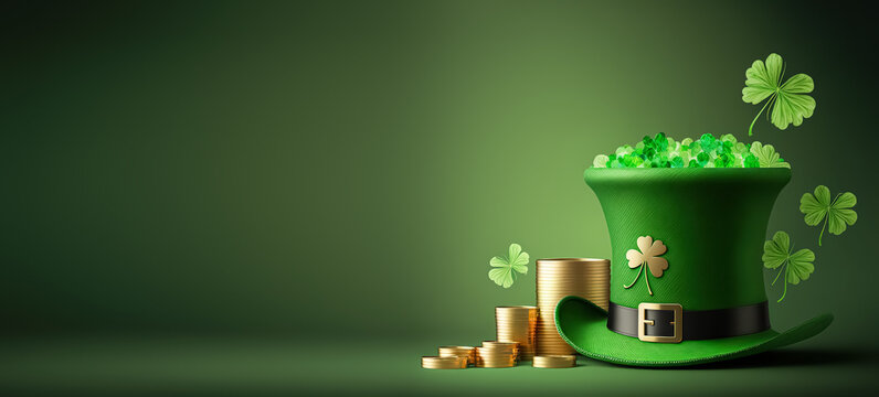 St. Patrick's Day background. St Patrick's Day hat with gold coins on green background. Holiday banner, web poster, flyer, stylish brochure, greeting card, cover with copy space.
