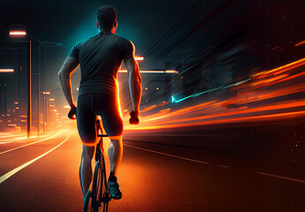 Fototapeta na wymiar Man riding bike night background. Illustration AI Generative
