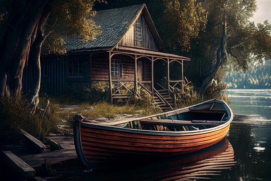 Wooden boat in the lake near the old village house. Illustration AI Generative