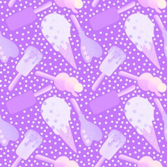 Summer cartoon food seamless kawaii stars ice cream pattern for wrapping paper and fabrics and linens and kids