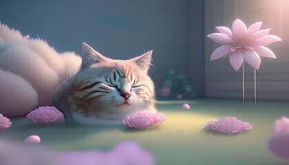 Un sueño en tonos pastel: el encanto de un lindo gato peludo durmiendo en una nube
