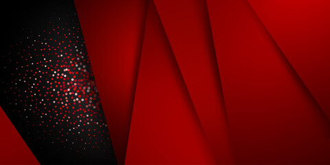 Abstract background in red colors with several overlapping surfaces with shadows and a lot of small sparkles